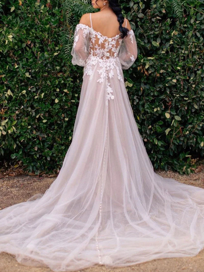 Applique Long Neck Tulle Lace Sleeve Prom Dresses